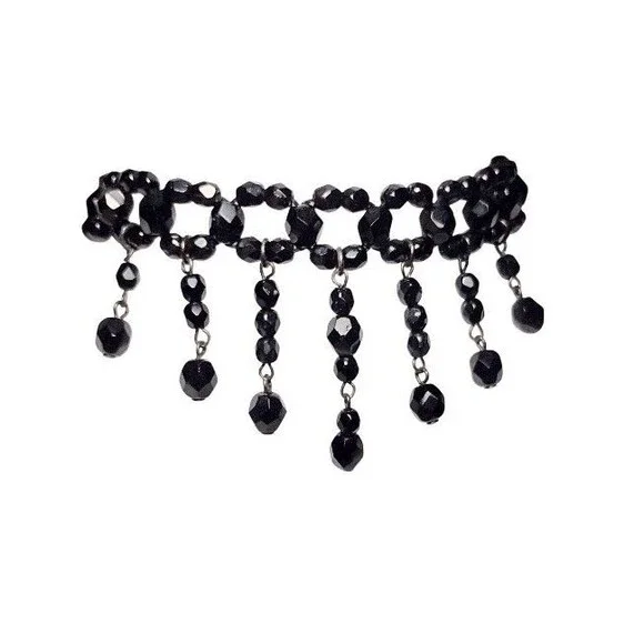 Goth Victorian Firenze Italy Black Glass Beaded Necklace Jean Andre - Picture 7 of 8